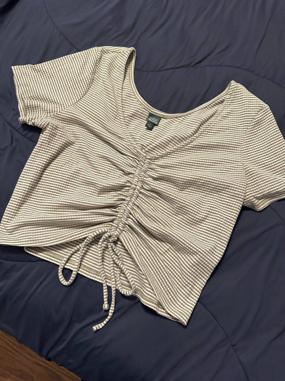 wild fable Striped Drawstring Ruched Crop Top - Cream & Gray